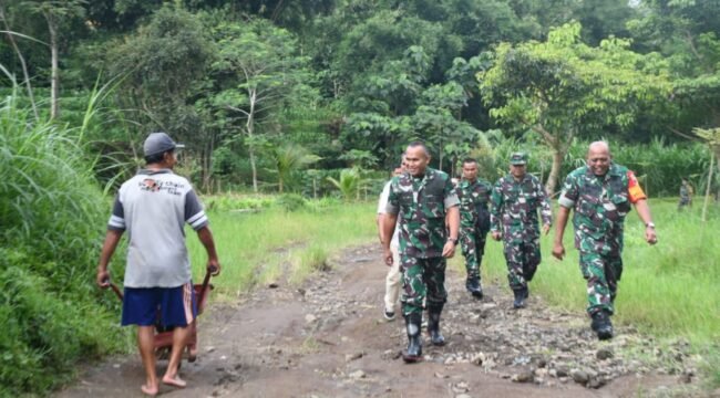 Foto: Danrem 081/DSJ Kolonel Arm Untoro Hariyanto meninjau jembatan bambu penghubung Dusun Barurejo dan Dusun Sumbermas, Desa Krisik, Kecamatan Gandusari, Kabupaten Blitar, Rabu (24/12/2025).