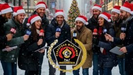 Foto: Wartawan mengenakan atribut Natal berpose bersama dengan latar suasana perayaan Natal, menggambarkan semangat kebersamaan dan sukacita jelang Natal Bersama Wartawan Kristiani yang akan digelar oleh PWI Pusat di Jakarta