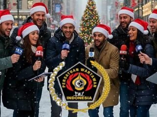 Foto: Wartawan mengenakan atribut Natal berpose bersama dengan latar suasana perayaan Natal, menggambarkan semangat kebersamaan dan sukacita jelang Natal Bersama Wartawan Kristiani yang akan digelar oleh PWI Pusat di Jakarta