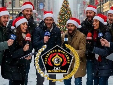Foto: Wartawan mengenakan atribut Natal berpose bersama dengan latar suasana perayaan Natal, menggambarkan semangat kebersamaan dan sukacita jelang Natal Bersama Wartawan Kristiani yang akan digelar oleh PWI Pusat di Jakarta