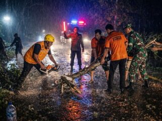 Foto: TNI dan Personel Gabungan Evakuasi Pohon Tumbang di Jalan Nasional Trenggalek