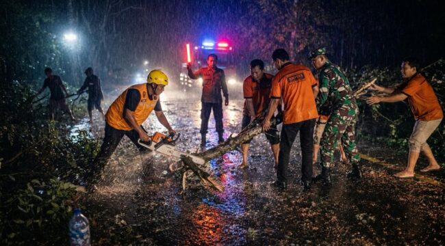 Foto: TNI dan Personel Gabungan Evakuasi Pohon Tumbang di Jalan Nasional Trenggalek