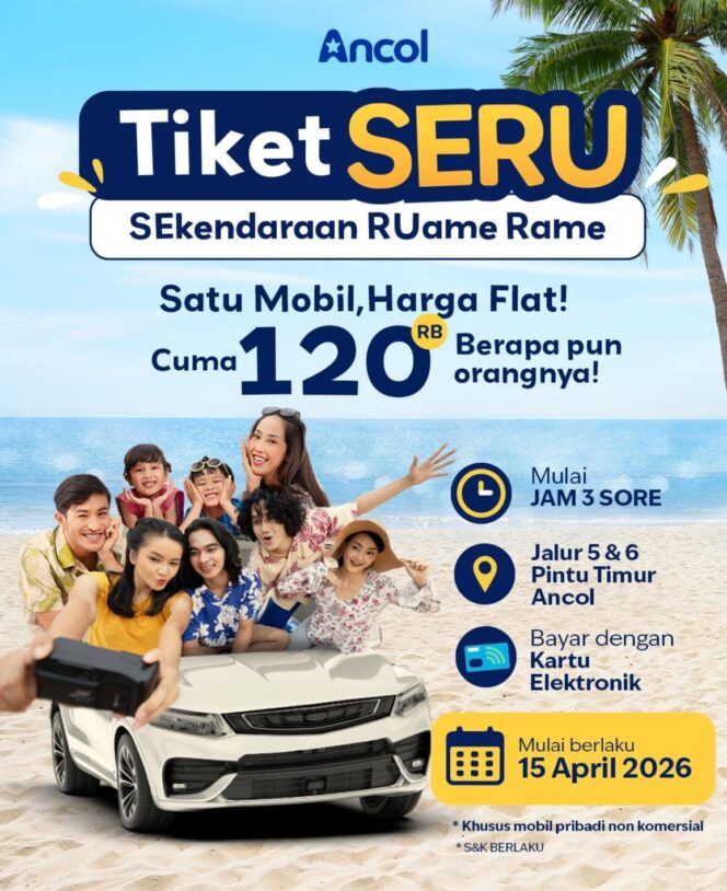 
					Foto : Wisata hemat kini bisa dinikmati di Ancol Taman Impian melalui program “Tiket Seru Ancol – Satu Mobil Rame-Rame Harga Flat” yang menetapkan tarif masuk Rp120.000 per mobil, Jumat (17/4/2026).
