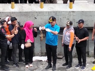 Wali Kota Jakarta Pusat, Arifin, menunjukkan ikan sapu-sapu hasil tangkapan saat memimpin kegiatan pengendalian spesies invasif di saluran air kawasan Plaza Indonesia, Jakarta, Jumat.