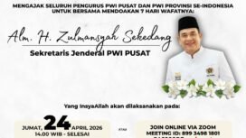  Foto : Persatuan Wartawan Indonesia (PWI) Pusat akan menggelar takziah dan doa bersama untuk memperingati tujuh hari wafatnya almarhum Zulmansyah Sekedang, yang semasa hidupnya menjabat sebagai Sekretaris Jenderal PWI Pusat.
