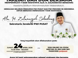 Foto : Persatuan Wartawan Indonesia (PWI) Pusat akan menggelar takziah dan doa bersama untuk memperingati tujuh hari wafatnya almarhum Zulmansyah Sekedang, yang semasa hidupnya menjabat sebagai Sekretaris Jenderal PWI Pusat.
