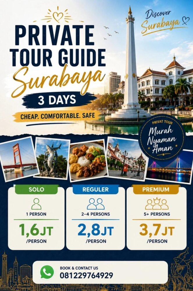 
					Foto:Wisatawan yang ingin menjelajahi Kota Surabaya dengan perjalanan yang lebih nyaman, aman, personal, dan fleksibel kini memiliki pilihan melalui layanan Private Tour Guide Surabaya.
