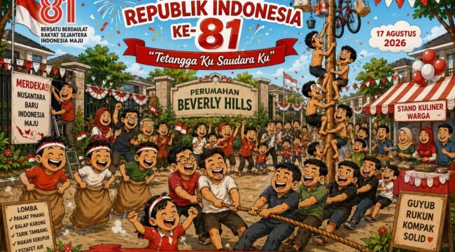 Foto:Suasana penuh semangat kemerdekaan terasa di Perumahan Beverly Hills,Desa Srimahi ,Kec.Tambun Utara ,Kab Bekasi dalam perayaan perdana Hari Ulang Tahun (HUT) ke-81 Republik Indonesia. 
