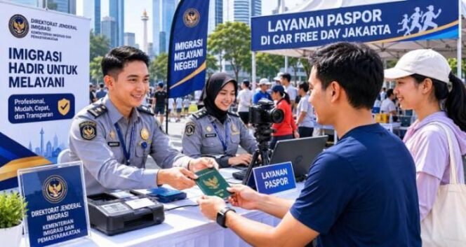 
					 Foto: Pelayanan publik tidak selalu harus menunggu masyarakat datang ke kantor. Pesan tersebut terlihat dalam kegiatan Kantor Wilayah Direktorat Jenderal Imigrasi DKI Jakarta bersama Kantor Imigrasi Jakarta Timur yang hadir langsung di tengah masyarakat dalam kegiatan Car Free Day (CFD) di kawasan Wisma KEIAI, Jalan Jenderal Sudirman, Jakarta.